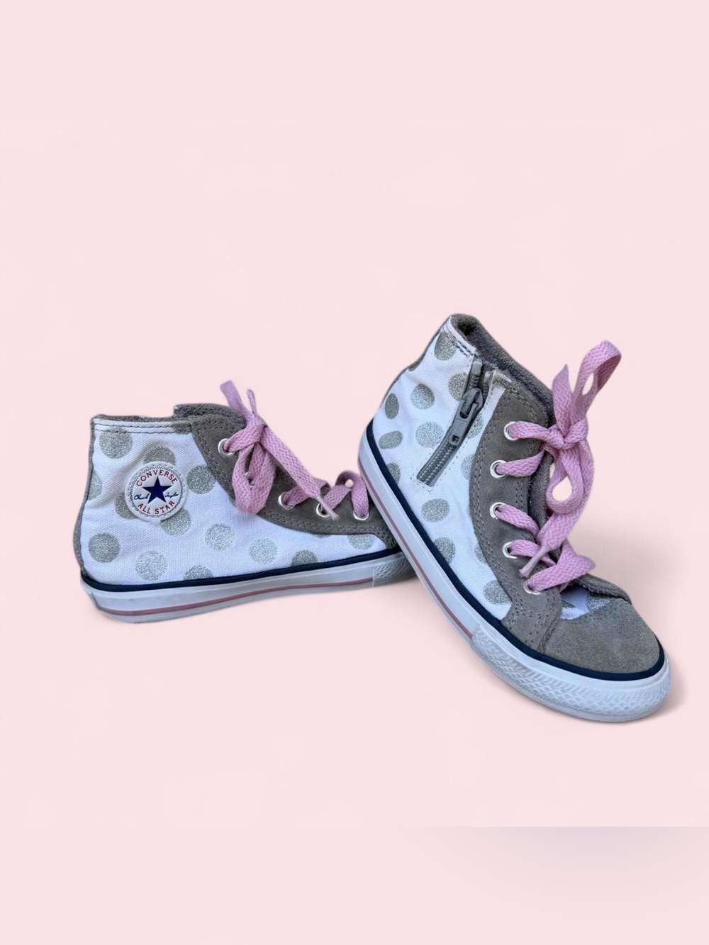 Converse Kids High-Top Sneakers White Gray Polka Dot with Pink Laces Girls 10